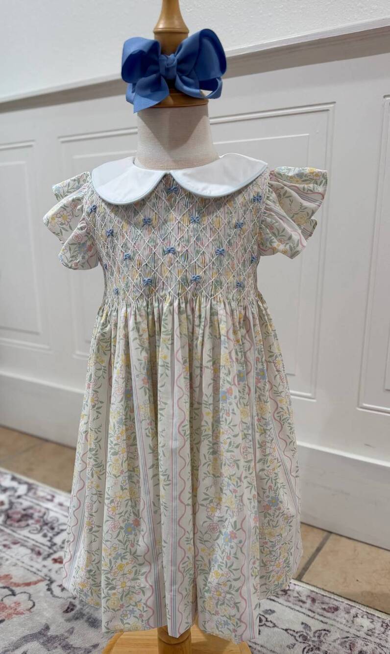 NEW THREE SISTERS girls spring bouquet smocked dress in beige